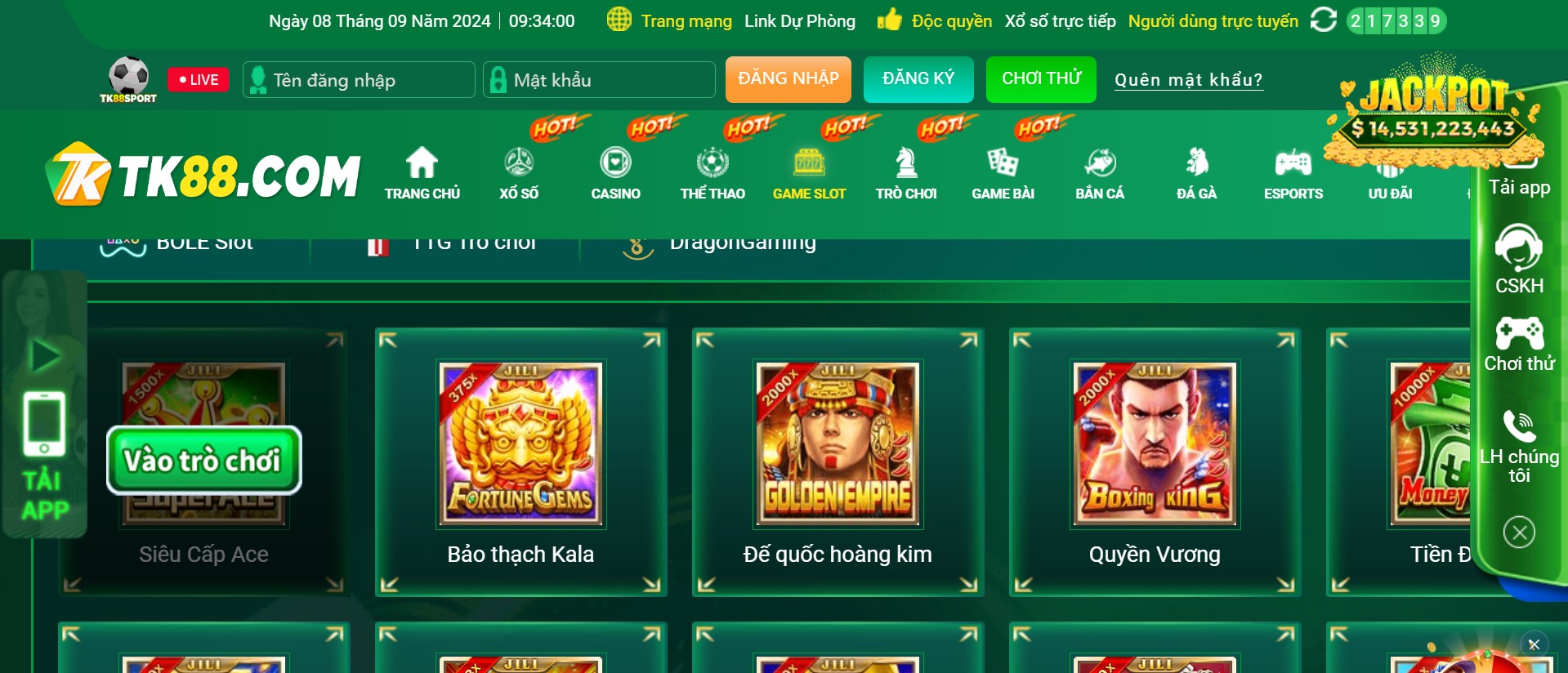 Kho game slot tại Tk88 đồ sộ